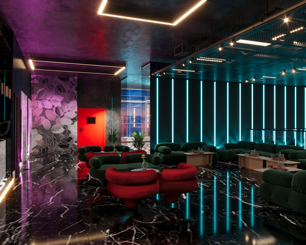 Lounge with sculptural seating and colored architectural lighting