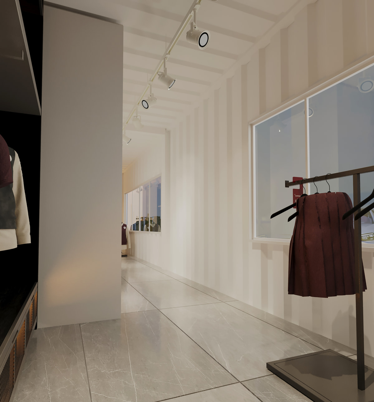 Daylit retail interior with clothing displays and tall windows