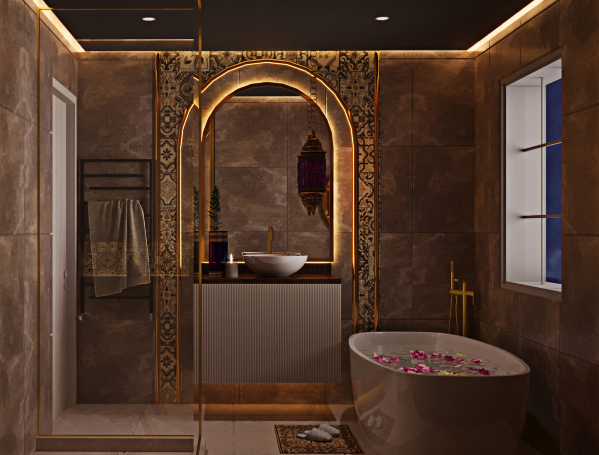 Bathroom with dark veined stone and an illuminated circular mirror
