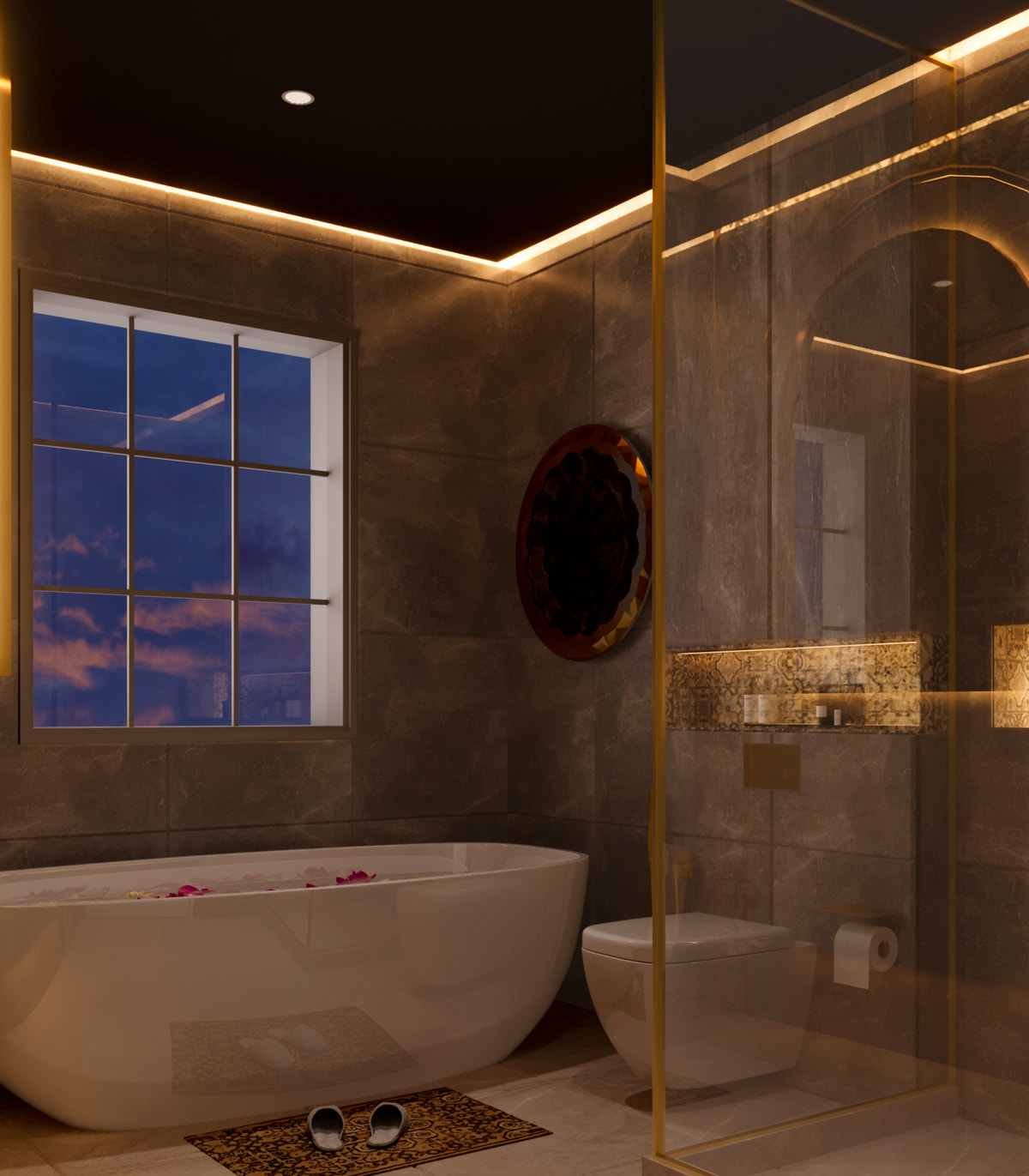 Bathtub beside a window and warmly lit stone walls