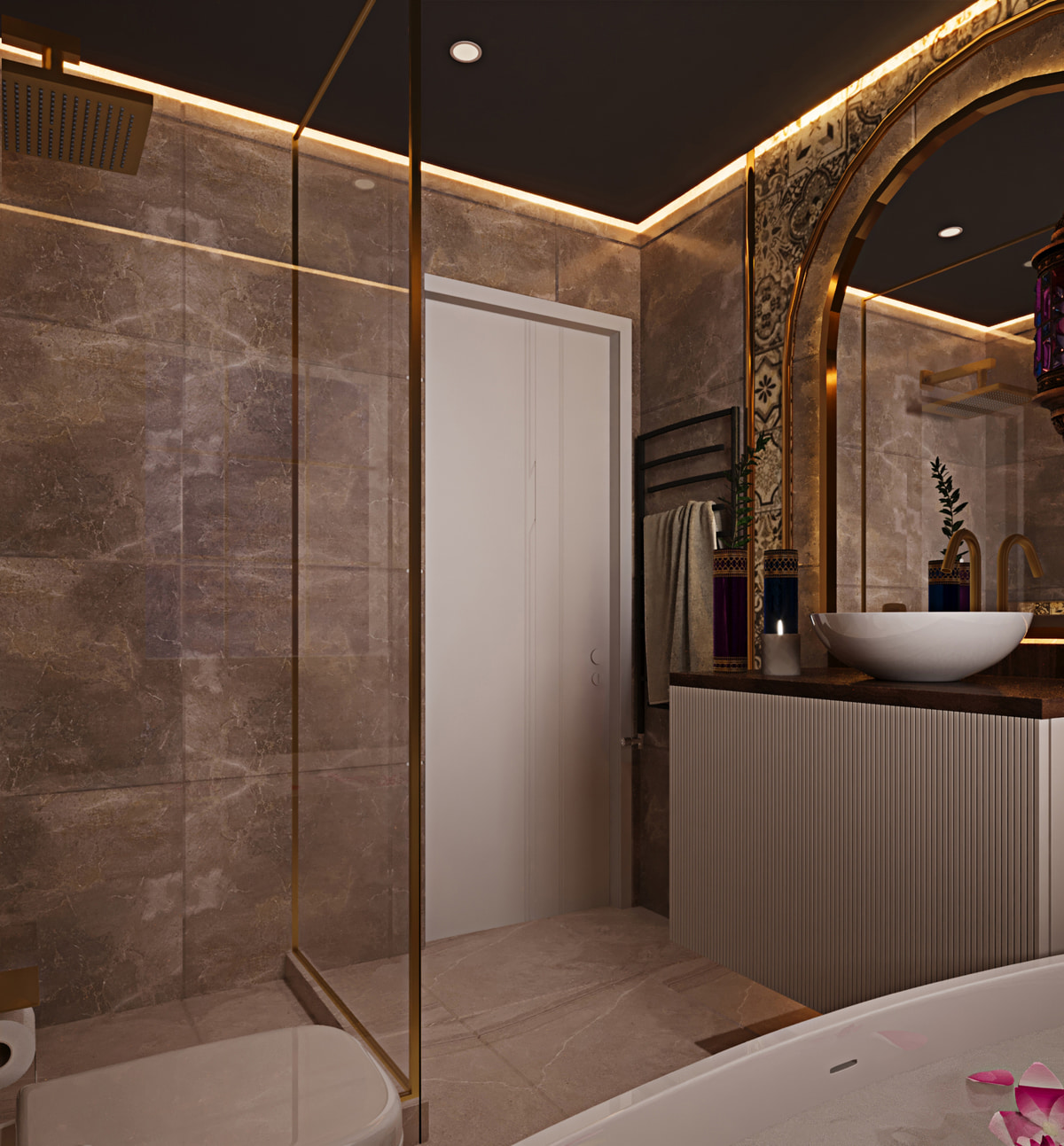 Daylight detail of the bathroom stone and shower area
