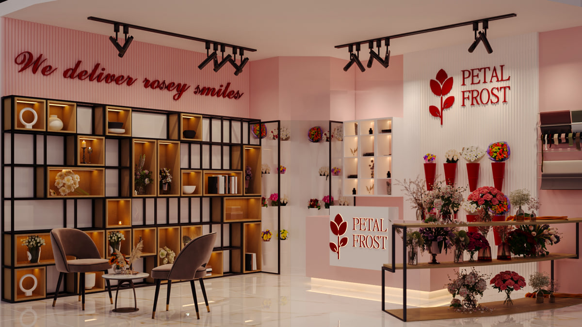 Boutique interior with flowers and timber display shelves