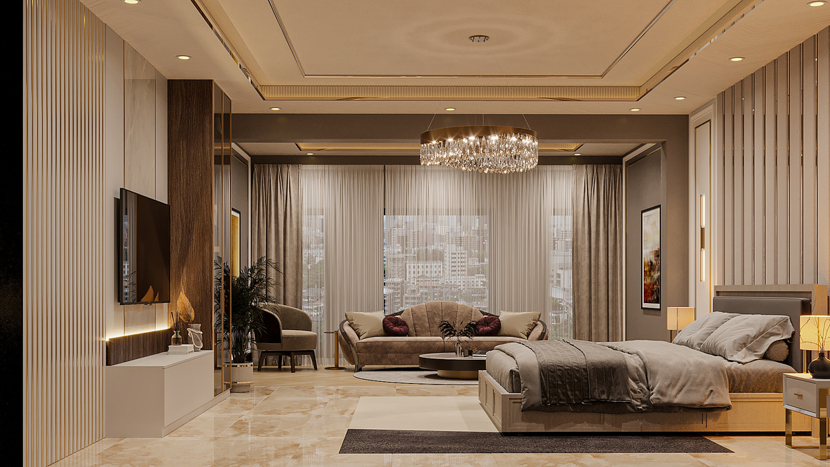 Bedroom suite with classical moldings and a statement chandelier
