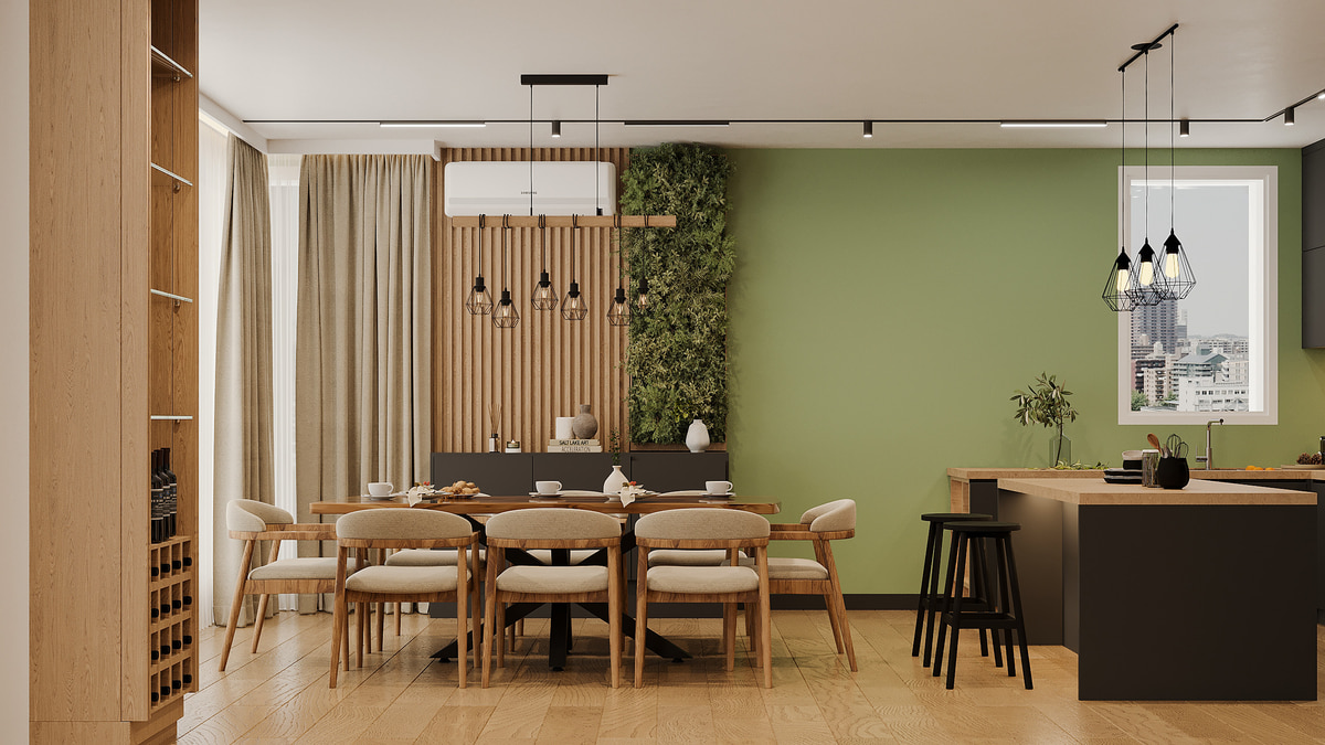 Dining and living area with olive accents and warm timber finishes