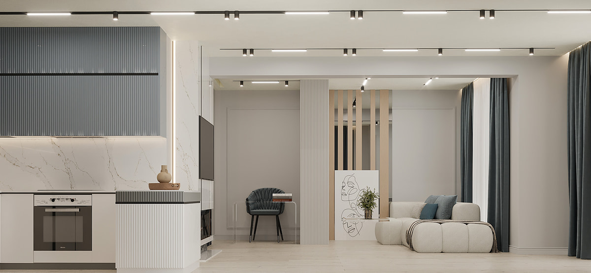 Open-plan family living area with light stone and timber finishes