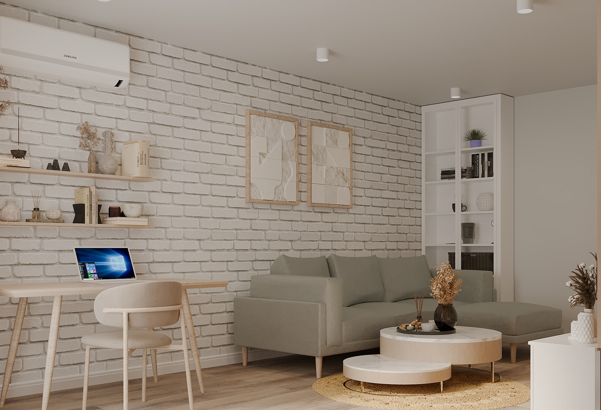 Living area with pale brickwork and neutral seating