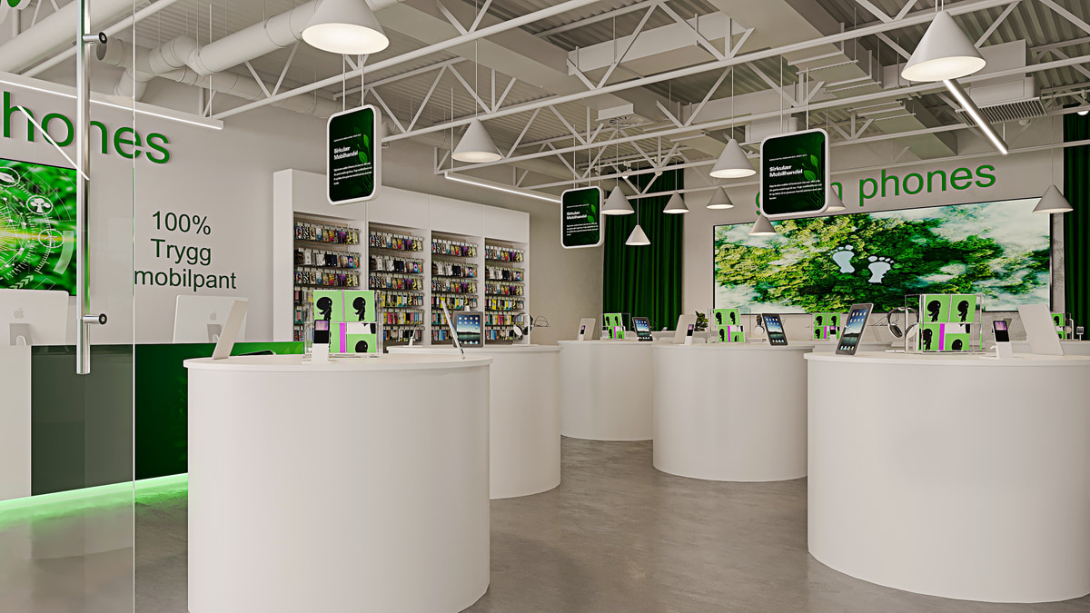 Technology retail displays with white counters and green graphics