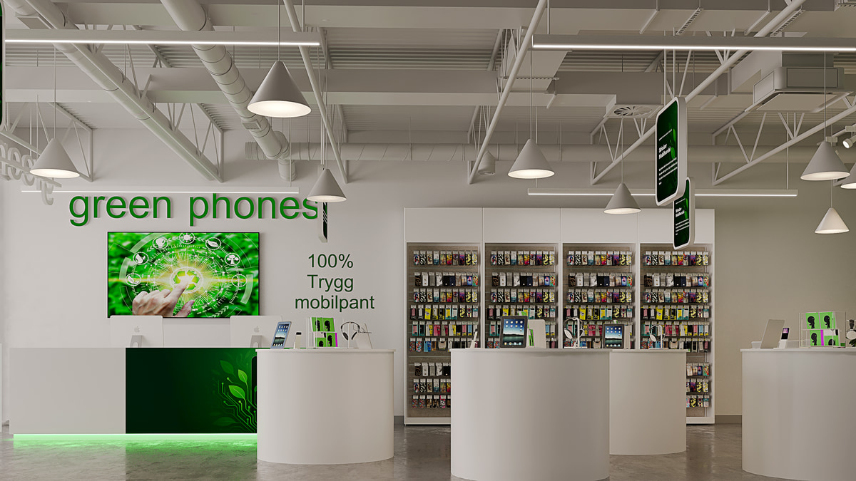 Store interior with display shelves and green wall graphics