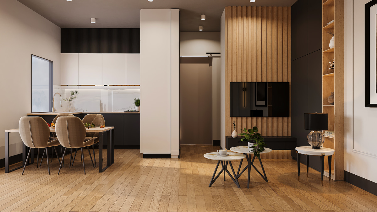 Open-plan interior with timber cabinetry and a dining area