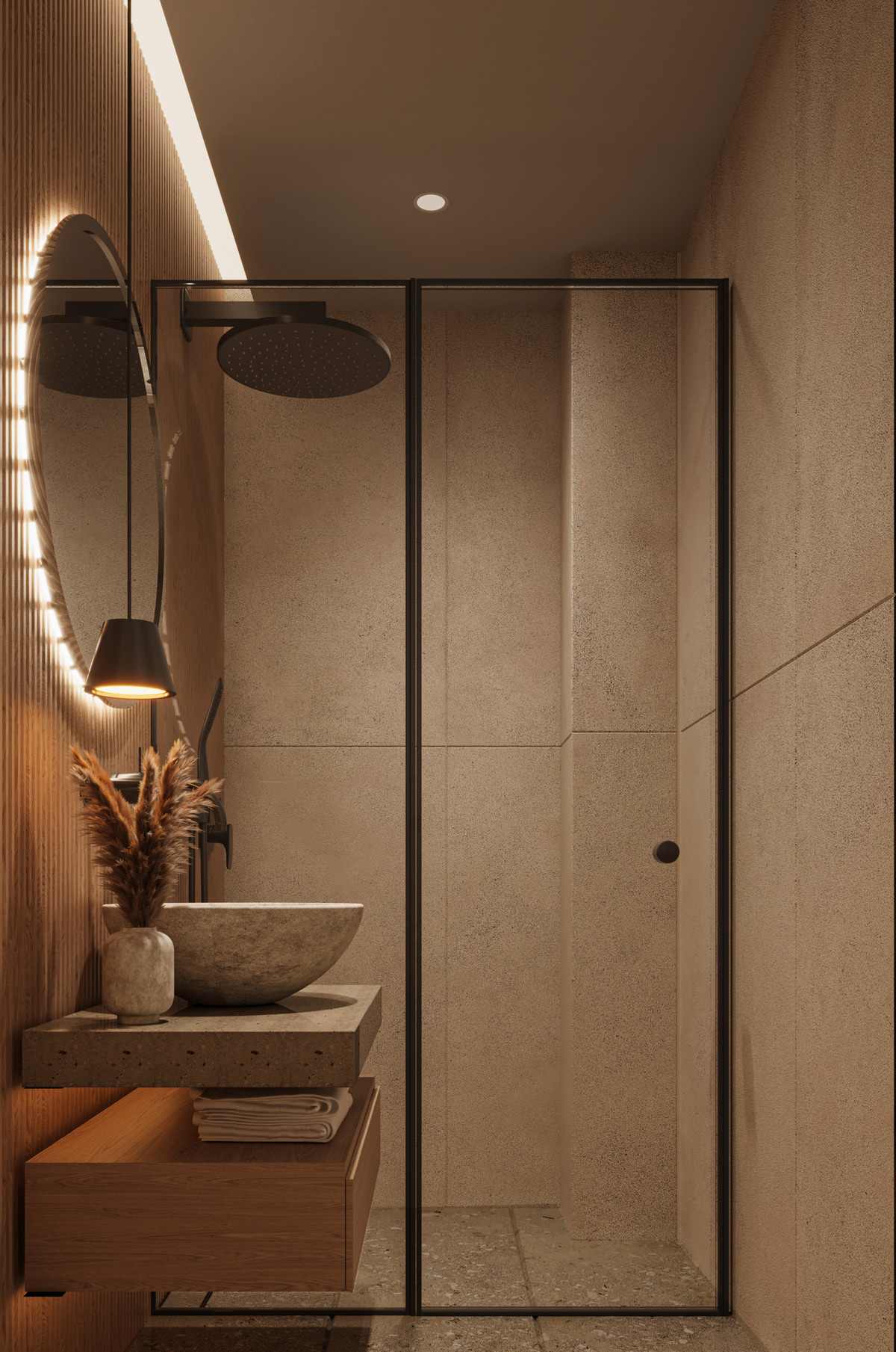 Alternate bathroom view showing the vanity and shower