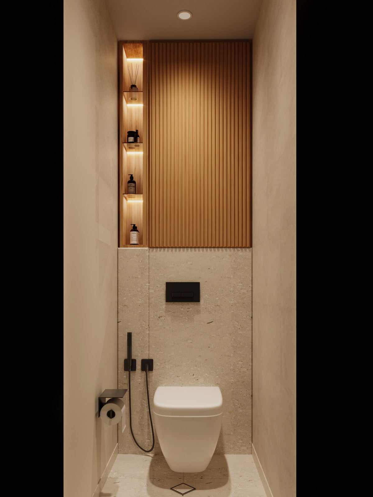 Bathroom view with a wall-mounted toilet and timber accents