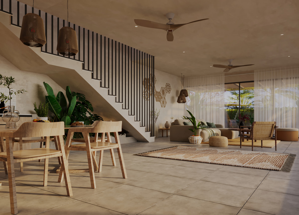Open-plan living and dining space with timber finishes and a staircase