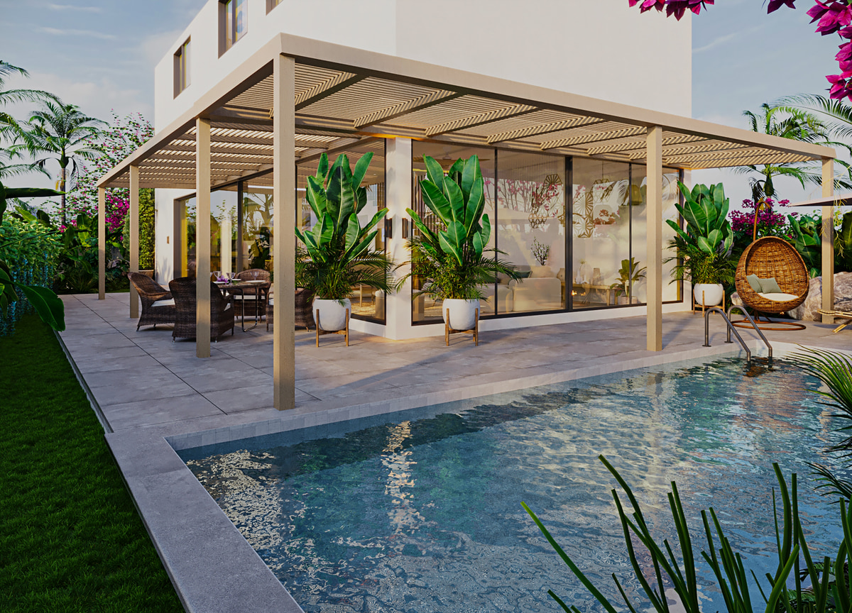 Pool terrace framed by timber beams and tropical greenery